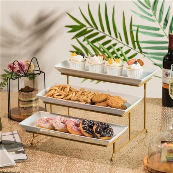 3 Tier Serving Stand with Porcelain Serving Platter Tray -Collapsible Gold Stand - Picture 3 of 7